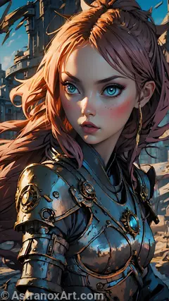 Red-Haired Beauty: An alluring anime-style illustration featuring a red-haired warrior with teal eyes amidst the enchanting architecture of the Clockwork City. Explore this unique world with this stunning wallpaper.