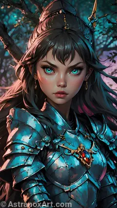 Amidst a mystical forest of vibrant colors, a woman in silver armor, with captivating teal eyes, stands enthralled by the haunting melodies.