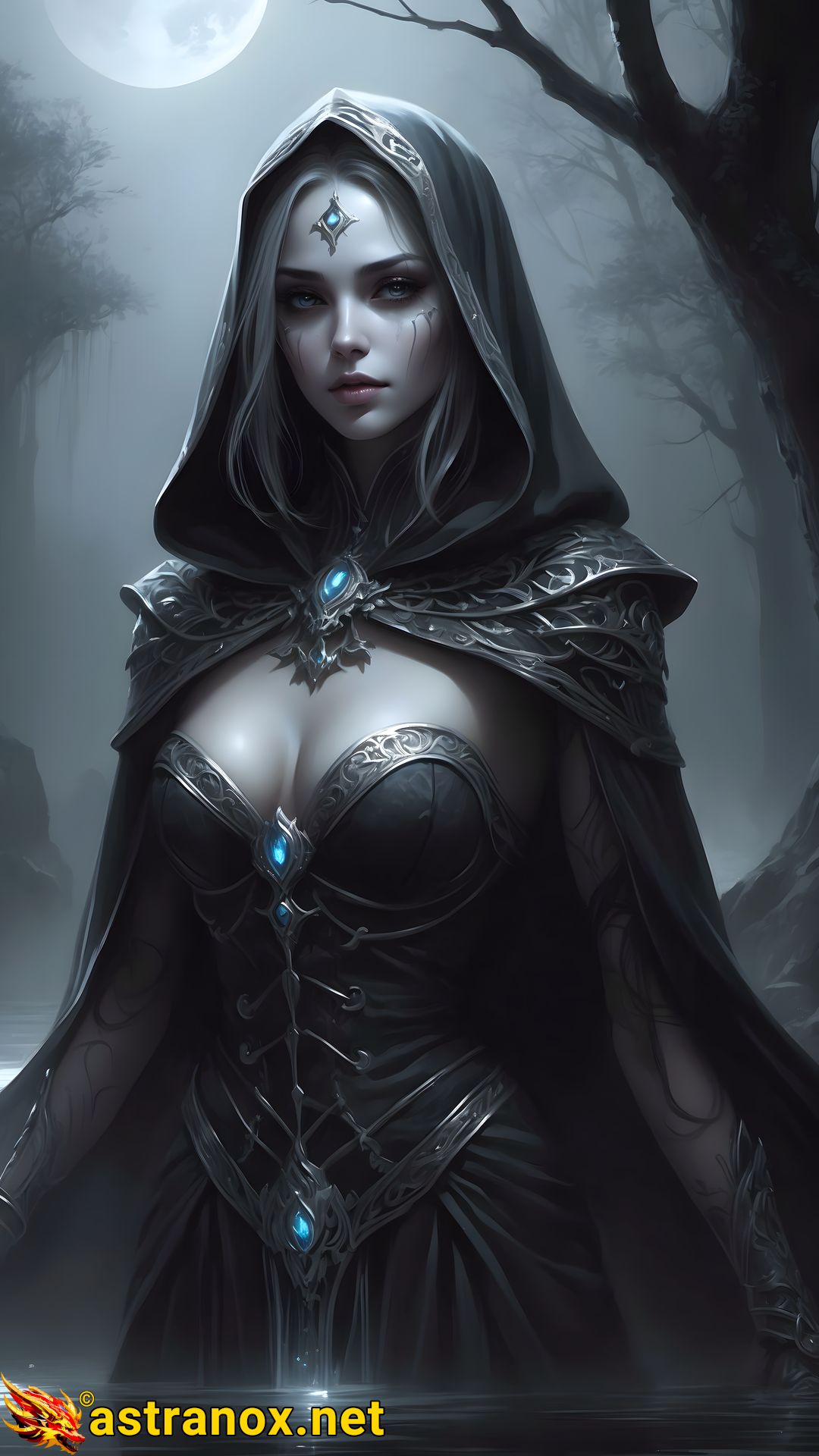 River's Edge: Captivating female necromancer summons the undead by the flowing river in this mesmerizing 4K wallpaper. Astranox