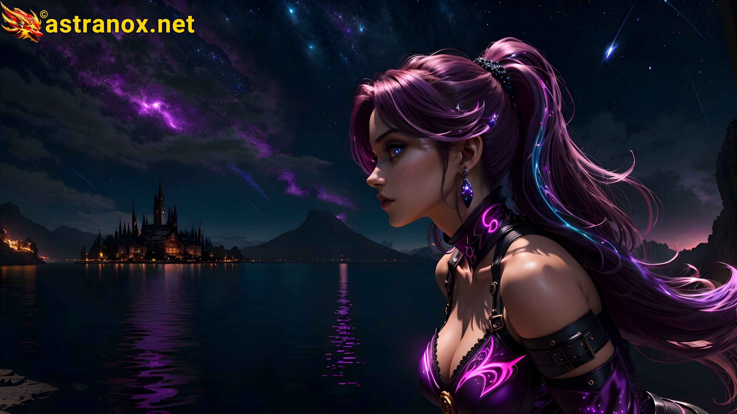 Enchanting female wizard with blue eyes and purple hair by the serene lake at dusk - 4K wallpaper capturing her mystique and magic Astranox
