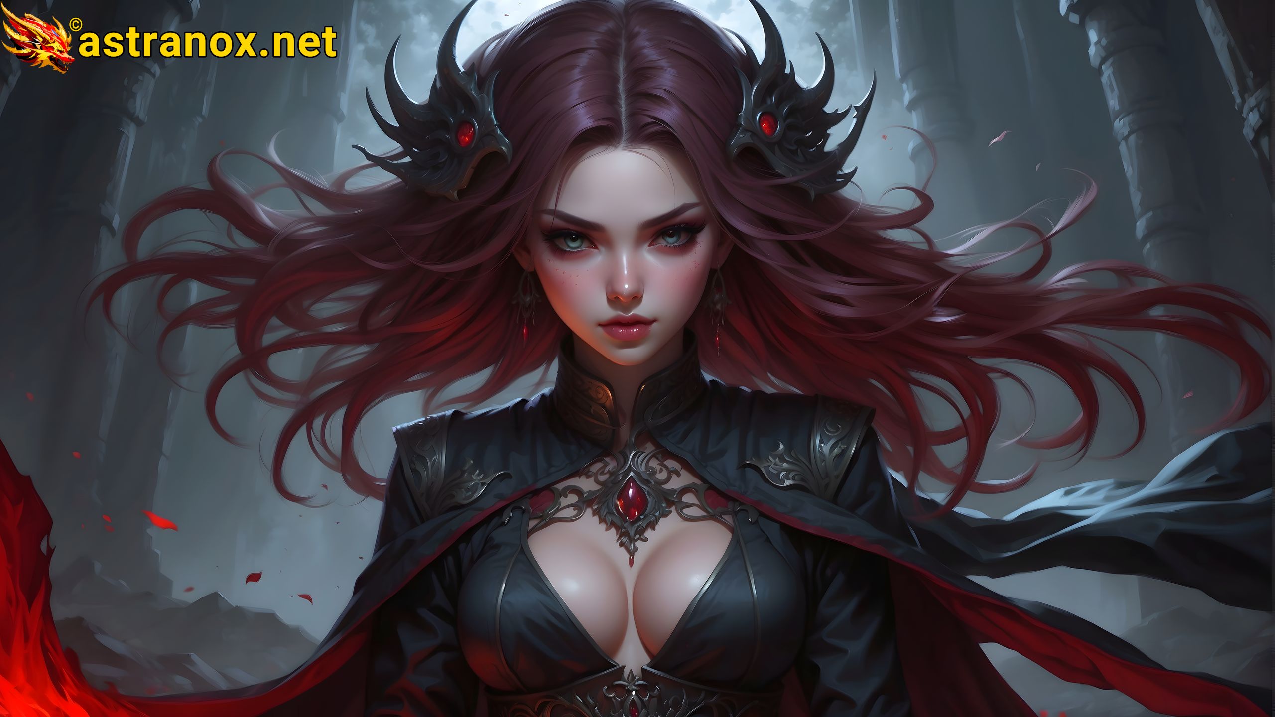 A mesmerizing 4K wallpaper featuring the Blood Sorceress in the Bloodstone Mines, a realm of dark magic and ancient rituals. Astranox
