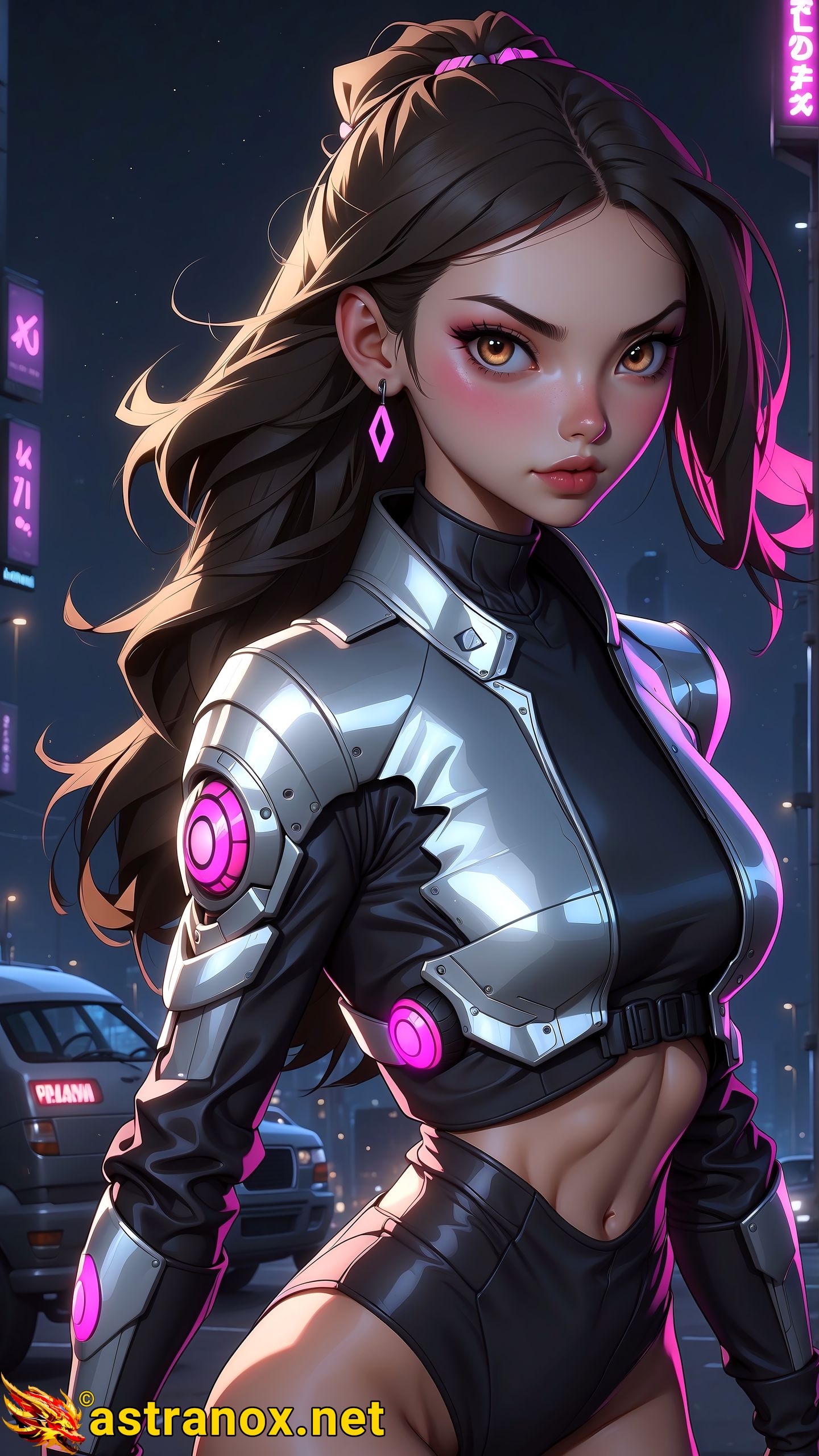 4K Wallpaper - Dark Gothic Fantasy Assassin Woman in Neon-Lit City Astranox