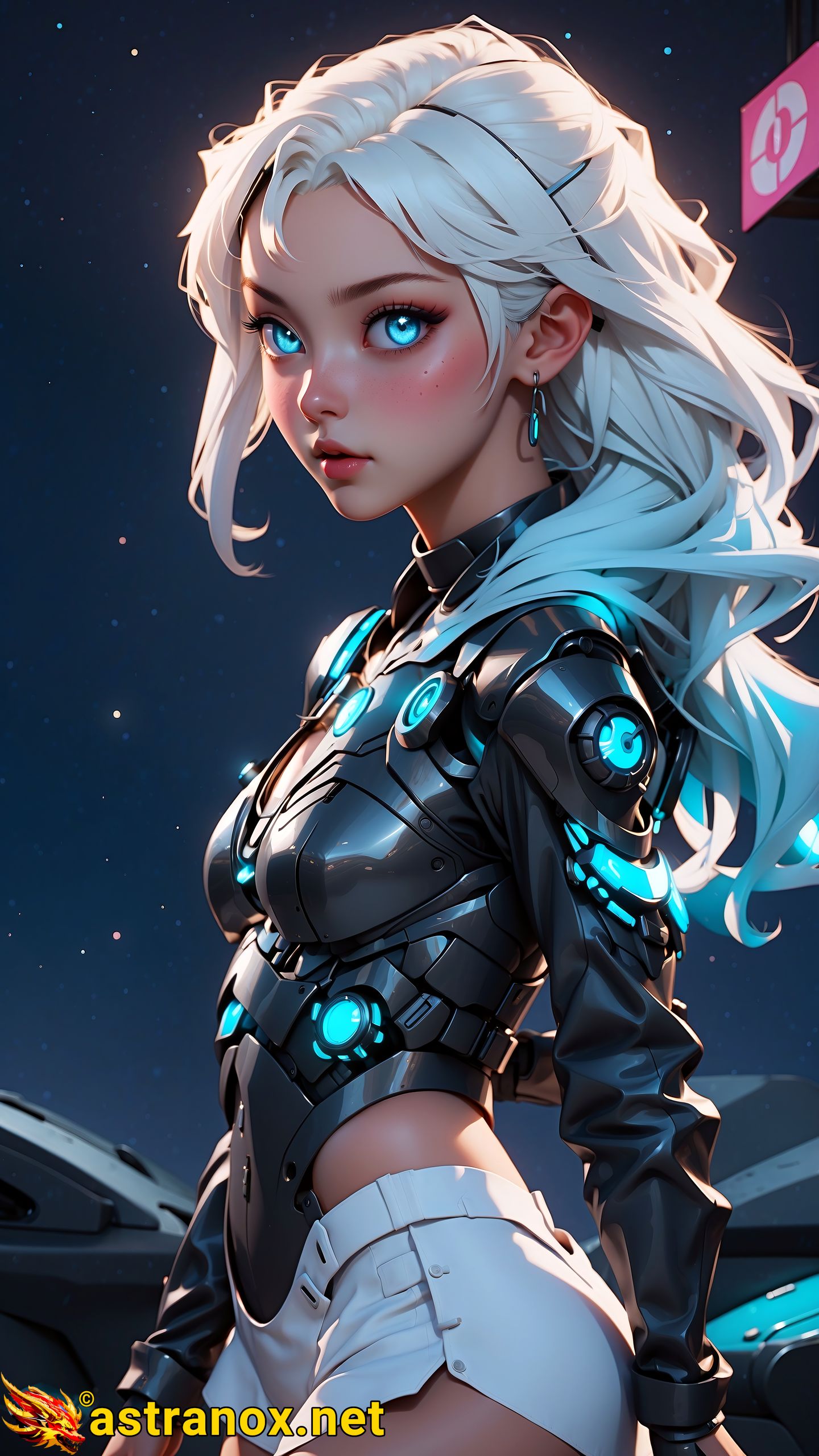 A cybernetic world meets magic in the female Druid of the Stars, a stunning beauty amidst the junkyard. With platinum hair, red lips, and blue eyes, she stands out against discarded tech and neon lights. A work of art with cybernetic enhancements, she embodies both fantasy and technology. Astranox