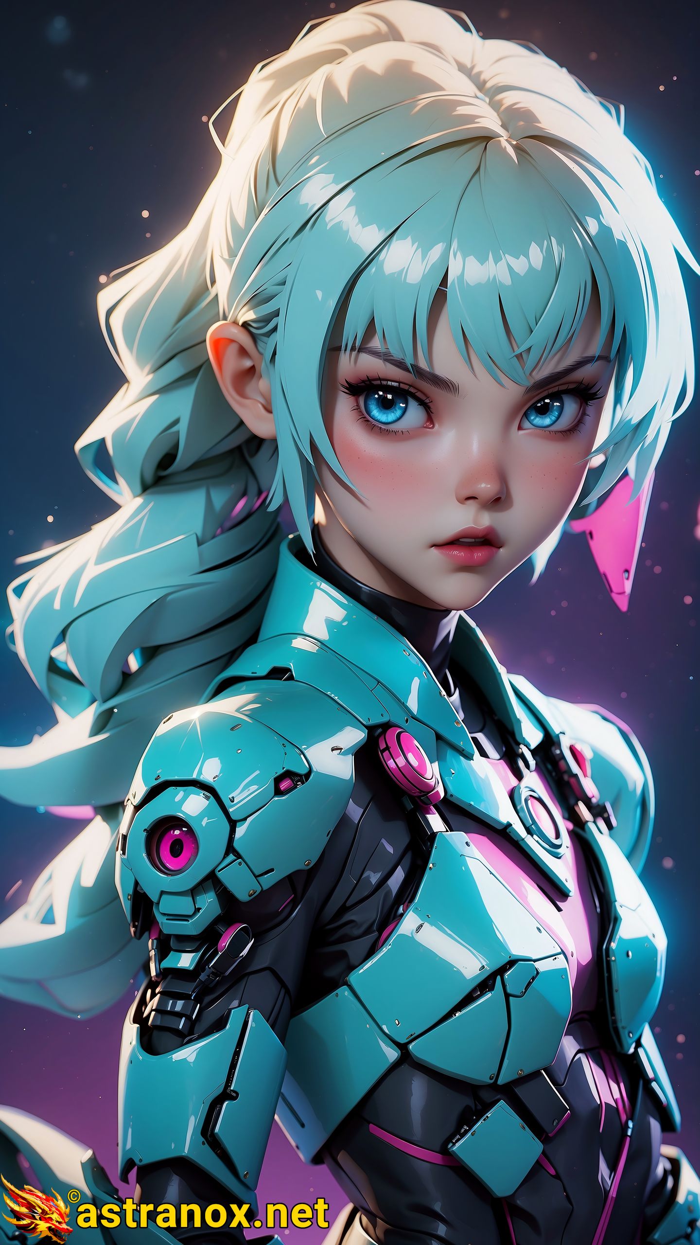 The Enchantress, a teal-haired, cyborg woman stands at the center of a futuristic Cybernetic Zoo. Surrounded by advanced, glowing lights and engineered animals, she embodies the intersection of cybernetics and bioengineering's potential. Astranox