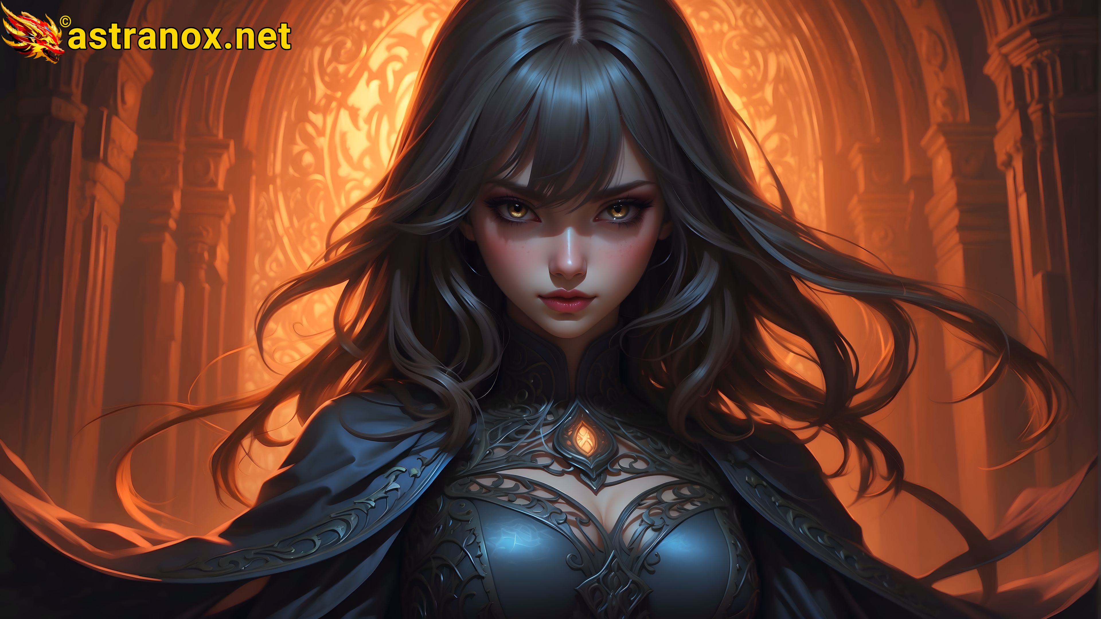 An enigmatic 4K wallpaper featuring the Shadow Veil Necromancer in the Labyrinthine Crypts, a realm of eternal night. Astranox