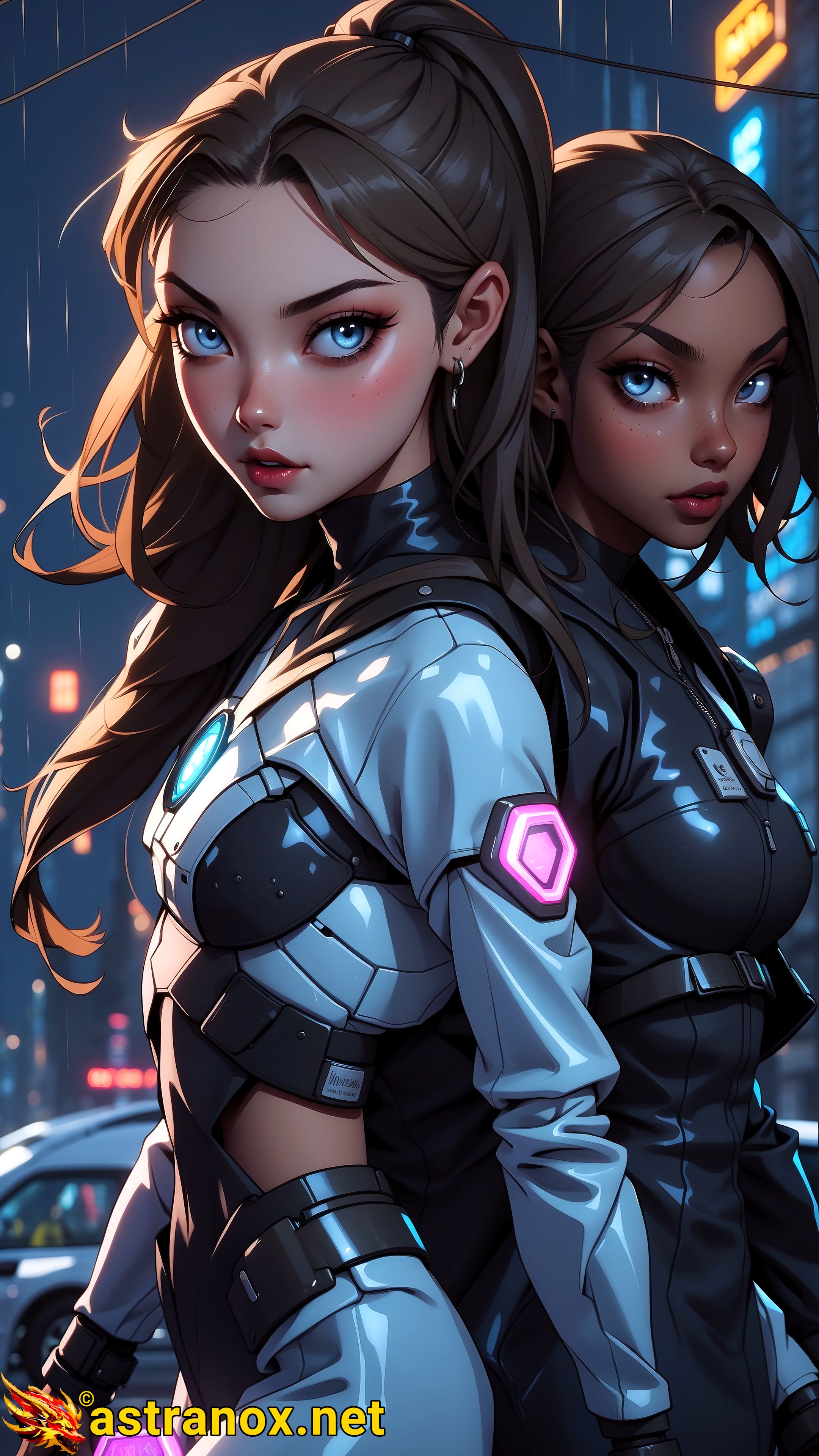 Two Female Assassins in Rain-soaked Cyberpunk Cityscape (4K Wallpaper) Astranox
