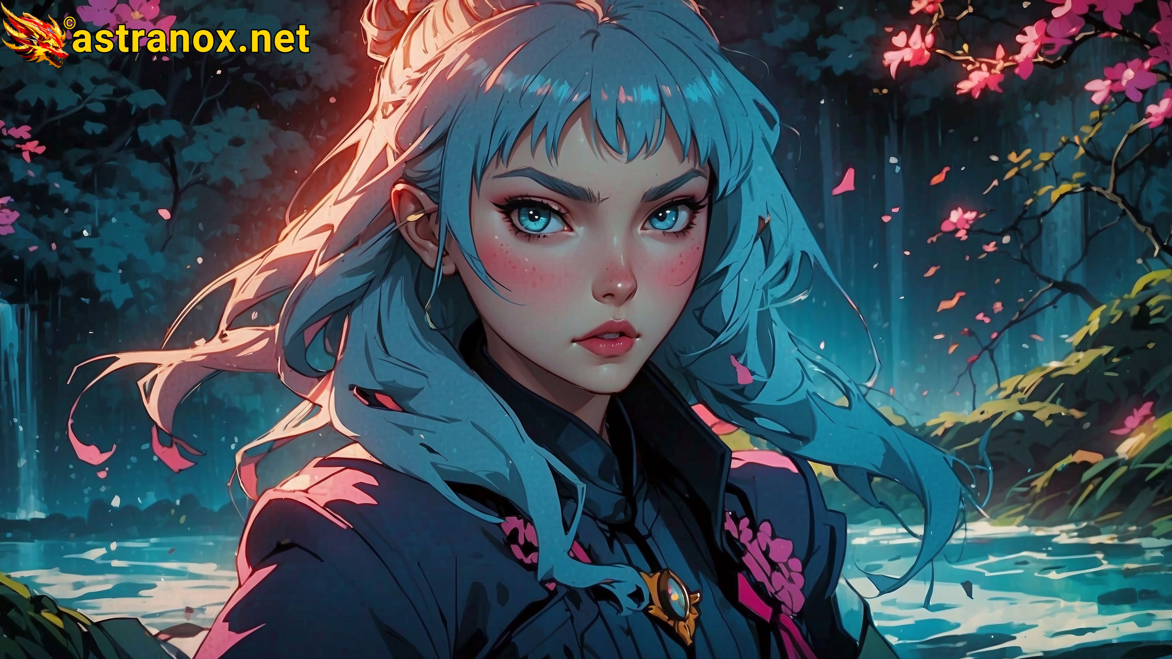 A mystical beauty in teal hair and eyes stands gracefully amidst the shimmering waters of Aurora Falls, surrounded by a dark and enchanting atmosphere. Astranox