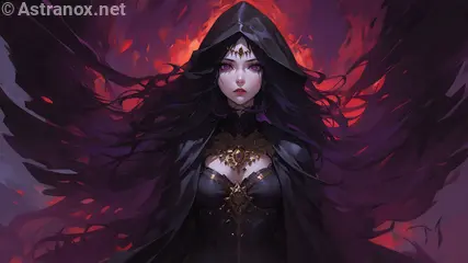 A stunningly beautiful hooded necromancer emerges from the depths of the sinister Charnel Pits, teeming with horrific aberrations, in this dark fantasy 4K wallpaper.