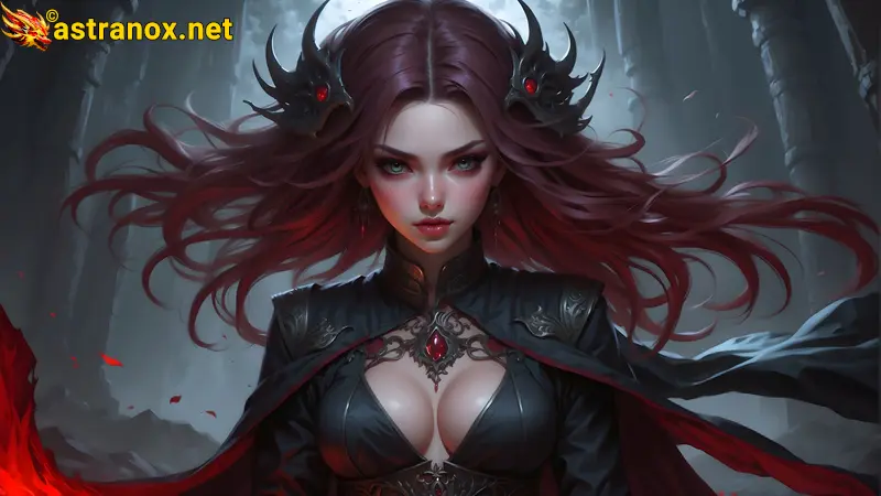 A mesmerizing 4K wallpaper featuring the Blood Sorceress in the Bloodstone Mines, a realm of dark magic and ancient rituals. Astranox