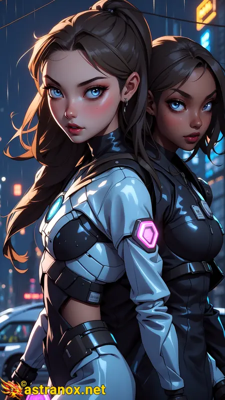 Two Female Assassins in Rain-soaked Cyberpunk Cityscape (4K Wallpaper) Astranox