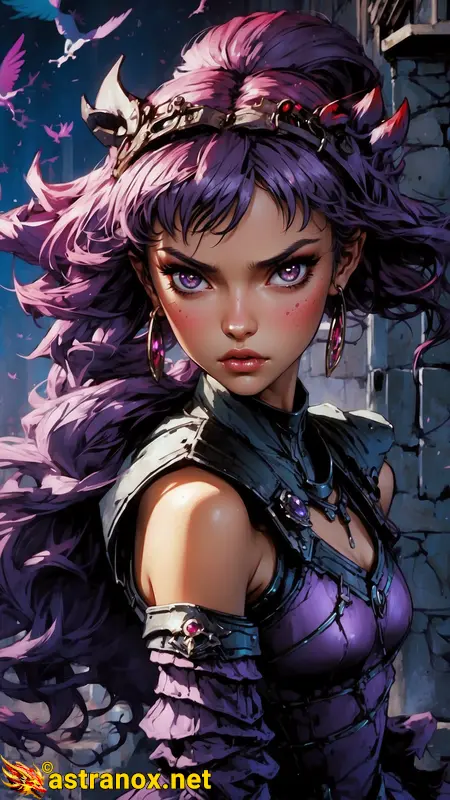 A female assassin adorned with purple hair and eyes stands tall amidst the ominous surroundings. The Shadowed Citadel, a realm of shadows, holds an intricate beauty that captivates one's breath. This 4K wallpaper offers a glimpse into a realm where darkness is not merely a curse but a canvas for stunning visuals. Astranox