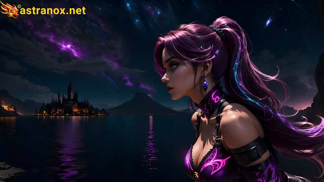 Enchanting female wizard with blue eyes and purple hair by the serene lake at dusk - 4K wallpaper capturing her mystique and magic Astranox